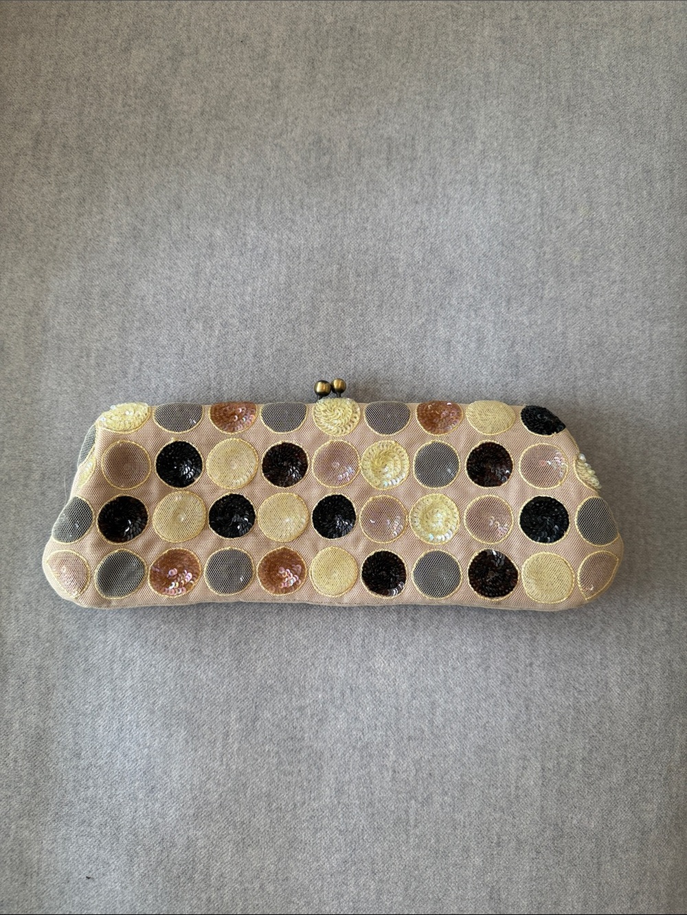 Vintage Embellished Sequin Dot Clutch with shoulder strap Neutral Metallics.